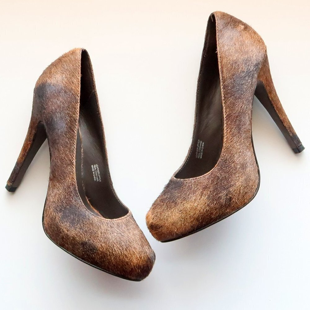 ASH Brown & Tan Cow Hair & Leather Platform Pumps Stiletto Heels Shoes Size 7.5